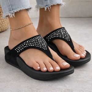 FitFlop Women 9 Black Suede Crystal Embellished Comfort Sandals Boho Preppy